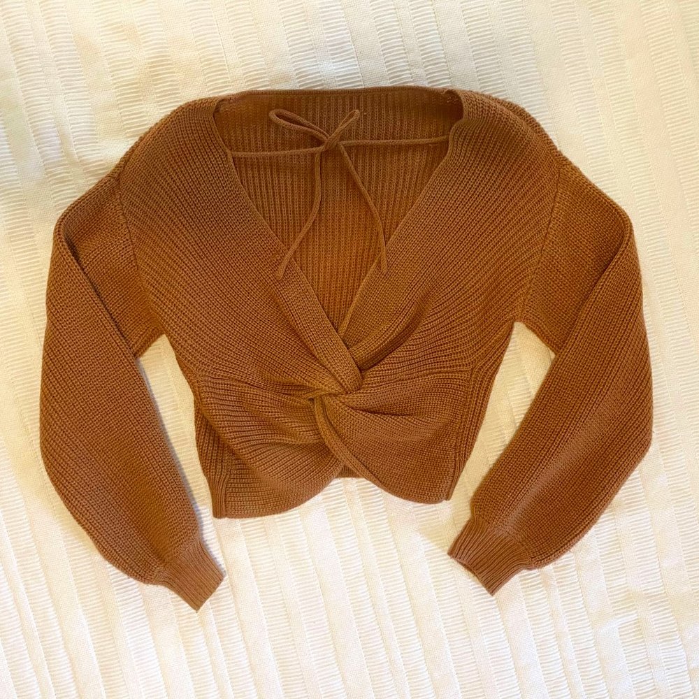 Dusty Rose Colored Cropped, Balloon Sleeve, Open Back Sweater with Tie Detail